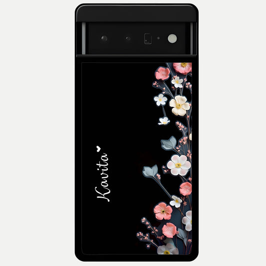  Black Elegance Floral Custom Name Glass Case For Google Pixel 6 Pro back cover – full design glossy printed glass finish