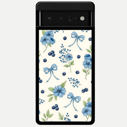  Blue Flower And Bow Glass Case For Google Pixel 6 Pro back cover – full design glossy printed glass finish