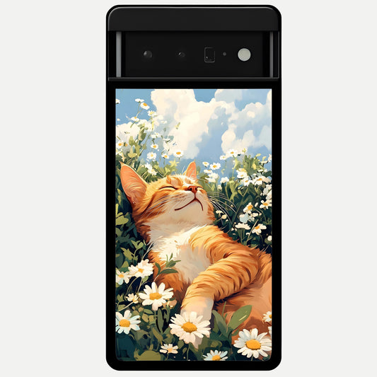  Cat And Flowers View Glass Case For Google Pixel 6 Pro back cover – full design glossy printed glass finish