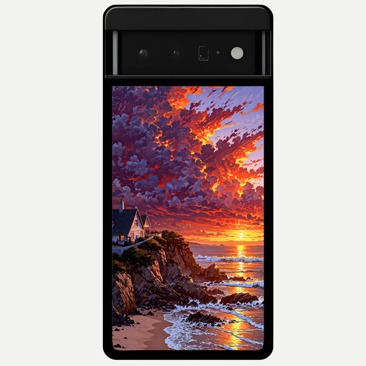  Sunset House By Sea Glass Case For Google Pixel 6 Pro back cover – full design glossy printed glass finish
