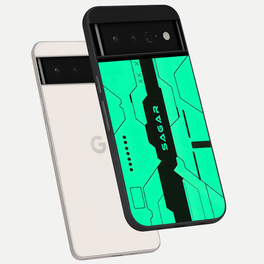  Aqua Tech CYBERPUNK Custom Name phone case For Google Pixel 6 Pro showing premium glass back cover with detailed artwork