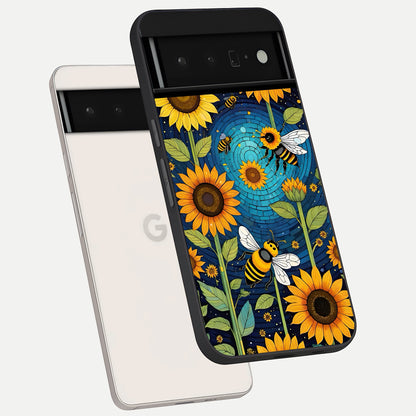  Bees And Sunflowers phone case For Google Pixel 6 Pro showing premium glass back cover with detailed artwork