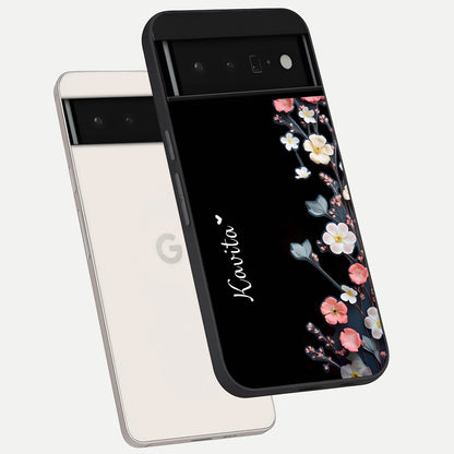  Black Elegance Floral Custom Name phone case For Google Pixel 6 Pro showing premium glass back cover with detailed artwork