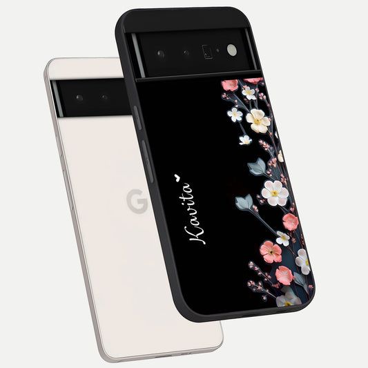  Black Elegance Floral Custom Name phone case For Google Pixel 6 Pro showing premium glass back cover with detailed artwork