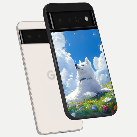  Blissful Cloud Pup phone case For Google Pixel 6 Pro showing premium glass back cover with detailed artwork