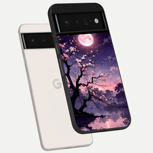  Blossom Pink Moon phone case For Google Pixel 6 Pro showing premium glass back cover with detailed artwork