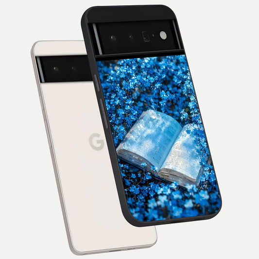  Blue Bloom Tales phone case For Google Pixel 6 Pro showing premium glass back cover with detailed artwork