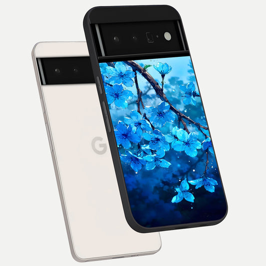  Blue Blossoms Branch phone case For Google Pixel 6 Pro showing premium glass back cover with detailed artwork
