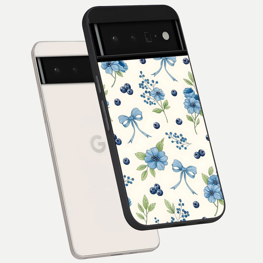  Blue Flower And Bow phone case For Google Pixel 6 Pro showing premium glass back cover with detailed artwork