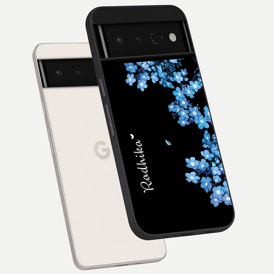  Blue Petal Dream Custom Name phone case For Google Pixel 6 Pro showing premium glass back cover with detailed artwork