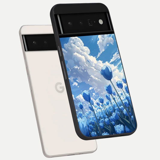  Blue Tulip Clouds phone case For Google Pixel 6 Pro showing premium glass back cover with detailed artwork