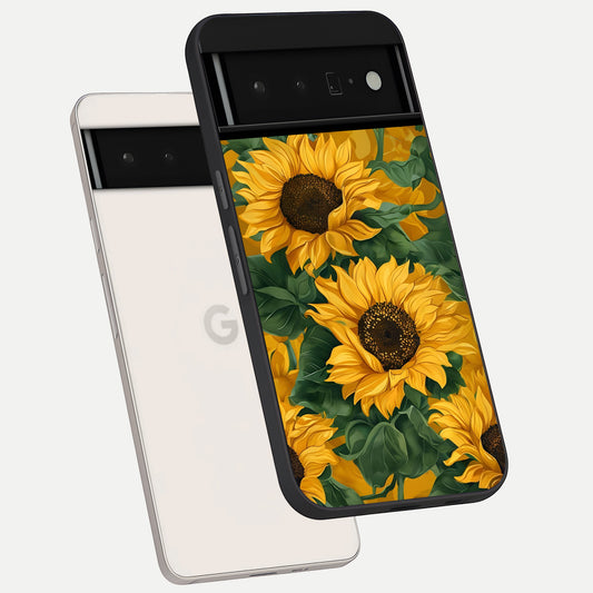  Bright Sunflower Bloom phone case For Google Pixel 6 Pro showing premium glass back cover with detailed artwork