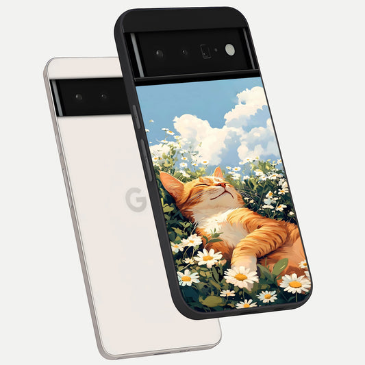  Cat And Flowers View phone case For Google Pixel 6 Pro showing premium glass back cover with detailed artwork