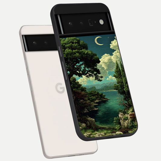  Celestial Lake Peace phone case For Google Pixel 6 Pro showing premium glass back cover with detailed artwork