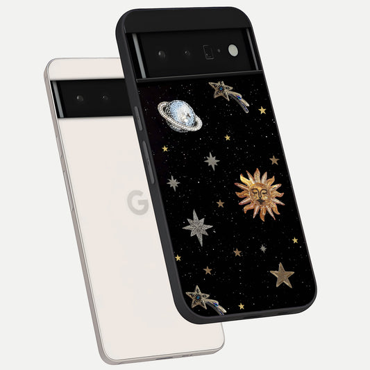  Celestial Moon With Stars phone case For Google Pixel 6 Pro showing premium glass back cover with detailed artwork
