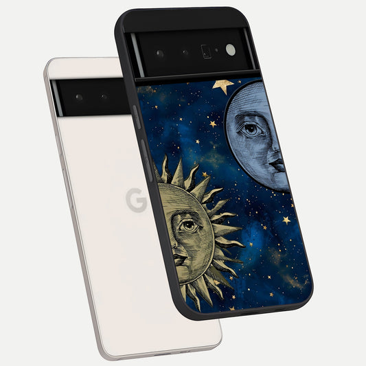  Celestial Moon With Sun phone case For Google Pixel 6 Pro showing premium glass back cover with detailed artwork