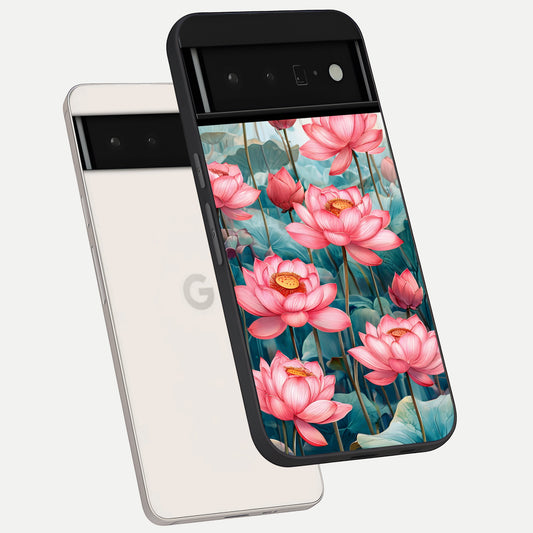  Celestial Pink Lotus phone case For Google Pixel 6 Pro showing premium glass back cover with detailed artwork