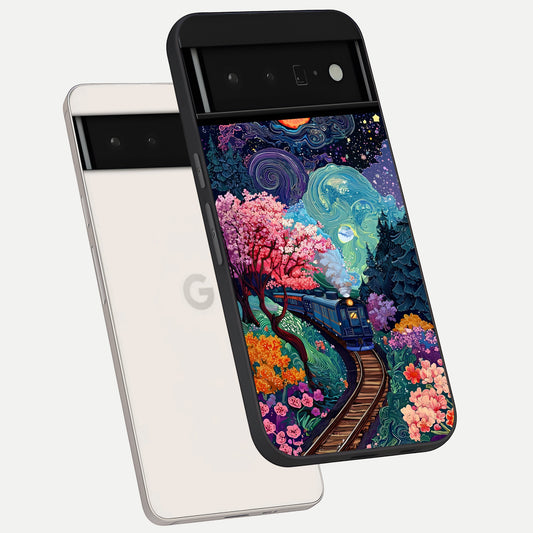  Celestial Train Journey phone case For Google Pixel 6 Pro showing premium glass back cover with detailed artwork