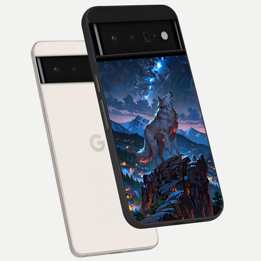  Celestial Wolf Howl phone case For Google Pixel 6 Pro showing premium glass back cover with detailed artwork