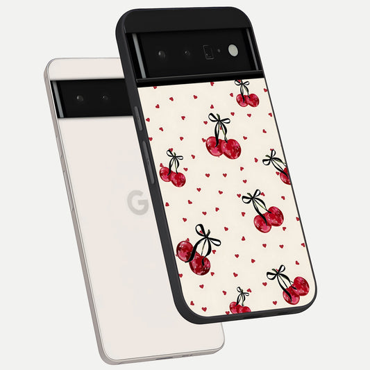  Cherry Heart Bow phone case For Google Pixel 6 Pro showing premium glass back cover with detailed artwork