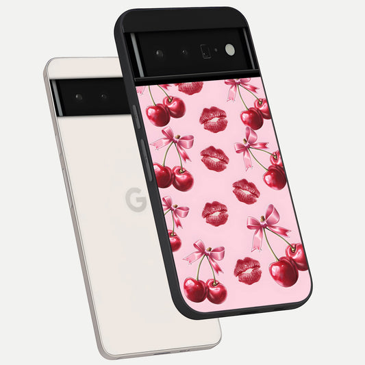  Cherry With Lips phone case For Google Pixel 6 Pro showing premium glass back cover with detailed artwork