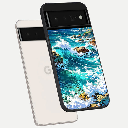  Coastal Blue Waves phone case For Google Pixel 6 Pro showing premium glass back cover with detailed artwork