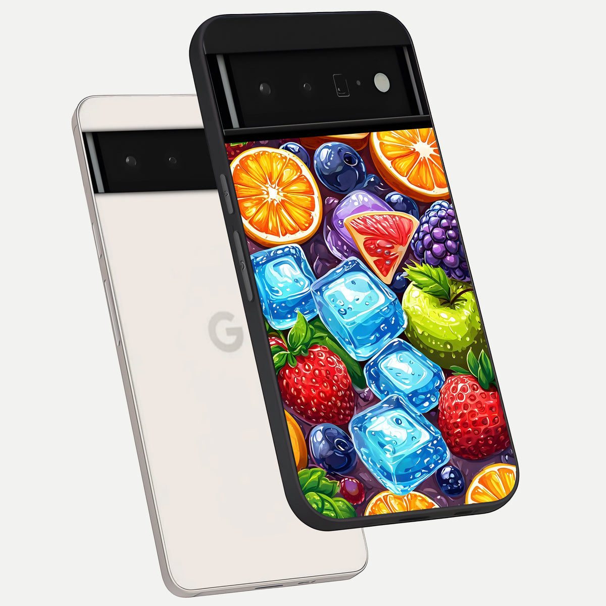  Colorful Fruits with Ice phone case For Google Pixel 6 Pro showing premium glass back cover with detailed artwork