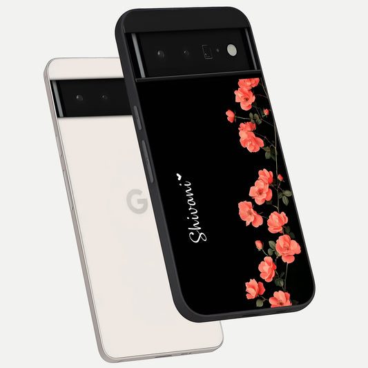  Crimson Bloom Grace Custom Name phone case For Google Pixel 6 Pro showing premium glass back cover with detailed artwork