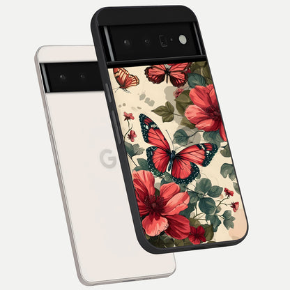  Crimson Butterfly Garden phone case For Google Pixel 6 Pro showing premium glass back cover with detailed artwork