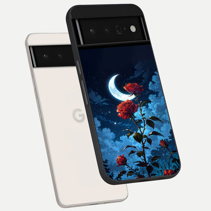  Crimson Rose Moon phone case For Google Pixel 6 Pro showing premium glass back cover with detailed artwork