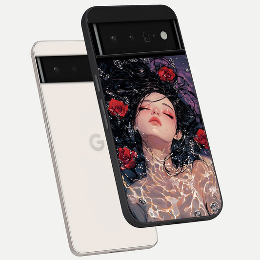 Crimson Rose Serenity phone case For Google Pixel 6 Pro showing premium glass back cover with detailed artwork