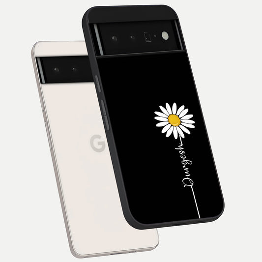  Custom Name White Flower phone case For Google Pixel 6 Pro showing premium glass back cover with detailed artwork