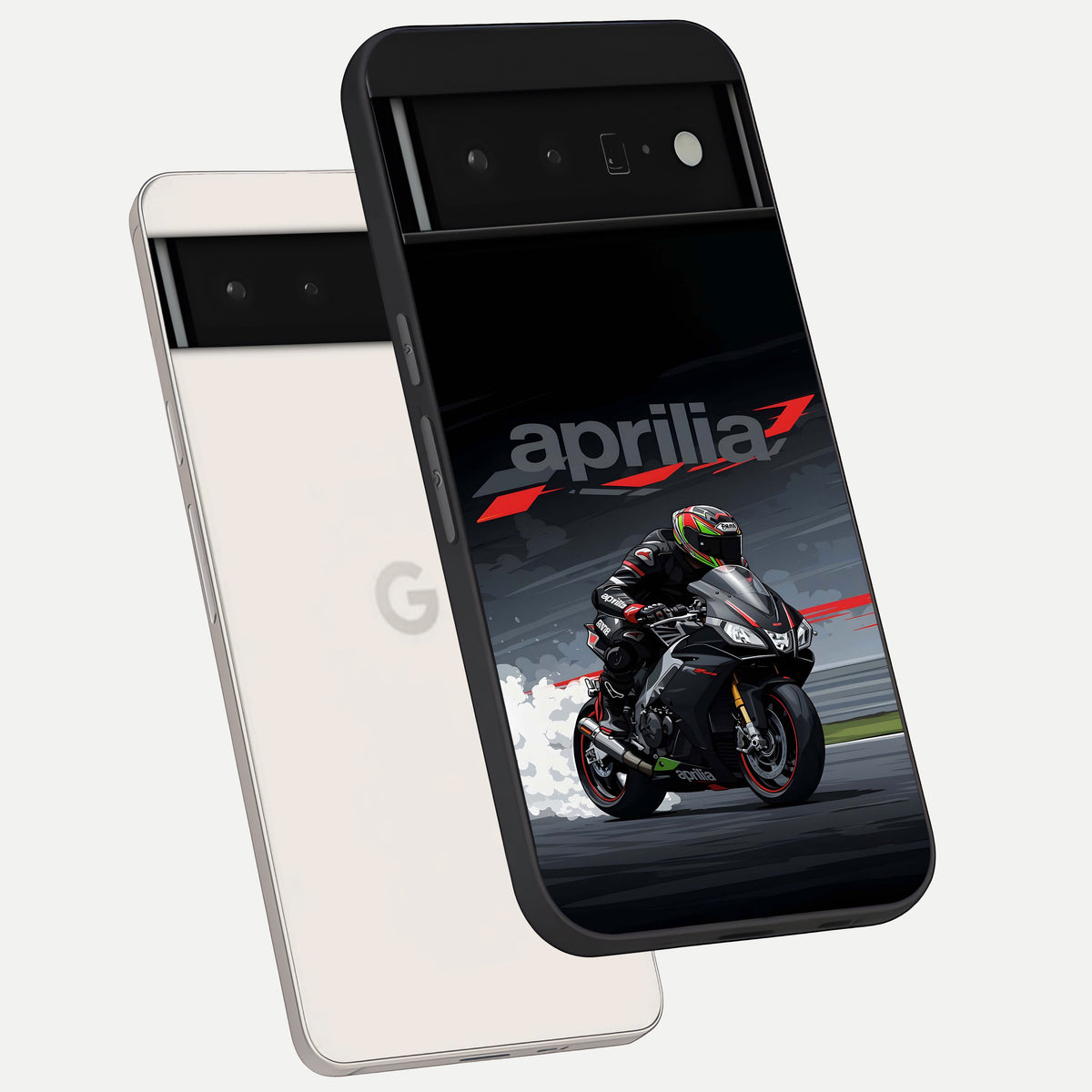  Dark Aprilla phone case For Google Pixel 6 Pro showing premium glass back cover with detailed artwork