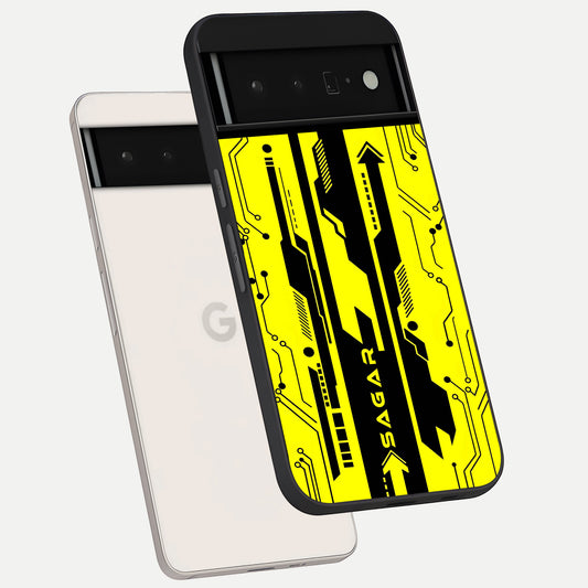  Electric Pulse CYBERPUNK Custom Name phone case For Google Pixel 6 Pro showing premium glass back cover with detailed artwork