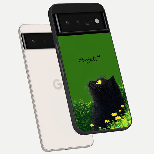  Emerald Cat Custom Name phone case For Google Pixel 6 Pro showing premium glass back cover with detailed artwork