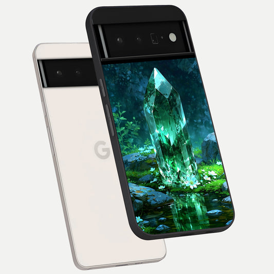  Emerald Light Crystal phone case For Google Pixel 6 Pro showing premium glass back cover with detailed artwork