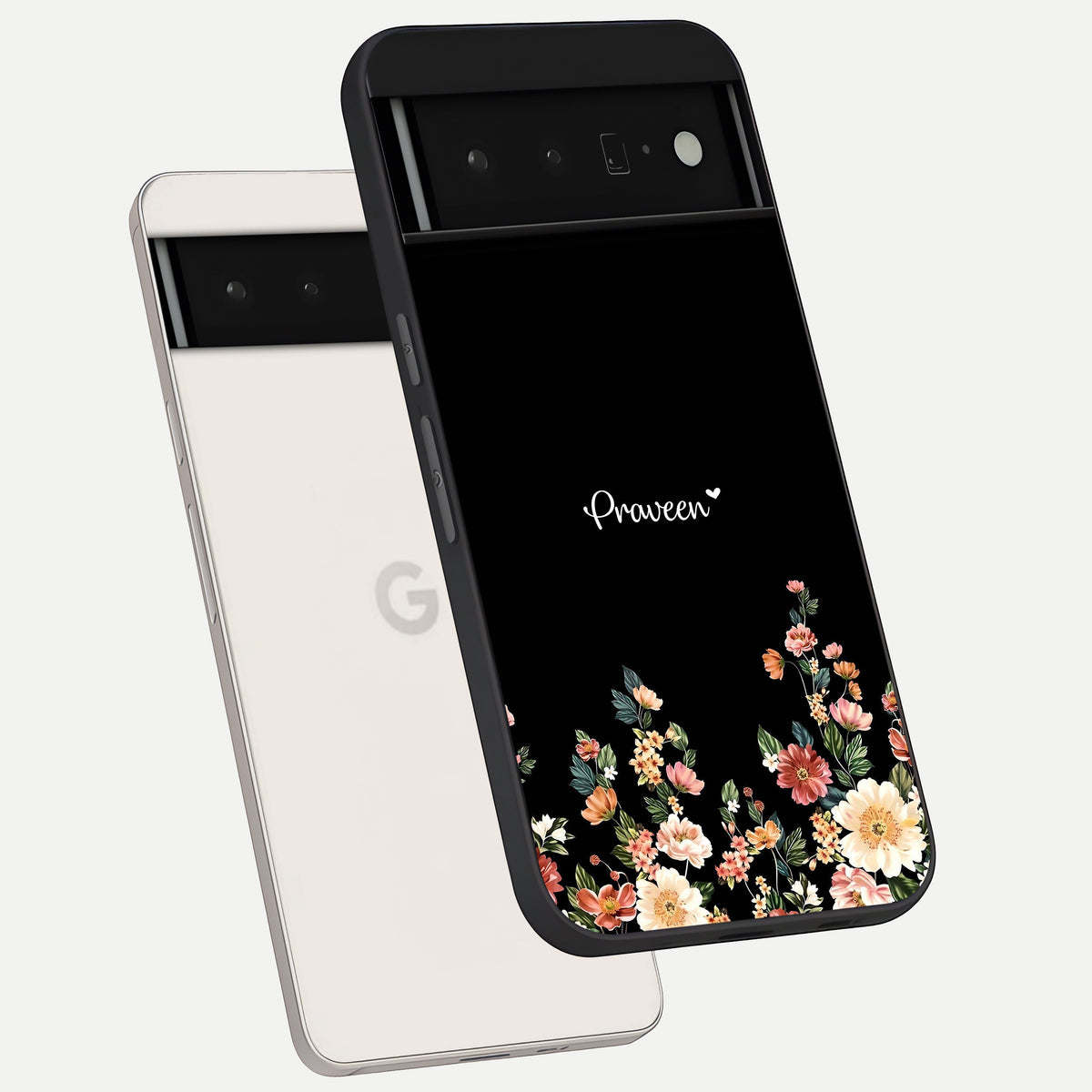 Floral Design Personalized Custom Name phone case For Google Pixel 6 Pro showing premium glass back cover with detailed artwork