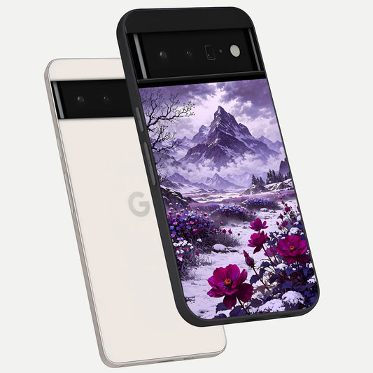  Flower Mountain View phone case For Google Pixel 6 Pro showing premium glass back cover with detailed artwork