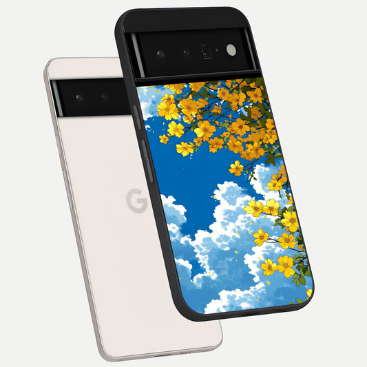  Golden Petal Sky phone case For Google Pixel 6 Pro showing premium glass back cover with detailed artwork
