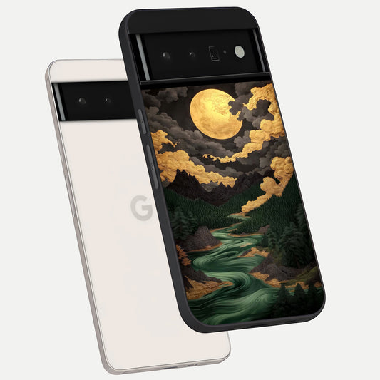  Golden River Moon phone case For Google Pixel 6 Pro showing premium glass back cover with detailed artwork