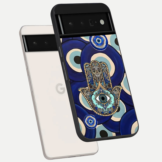  Hamsa Divine Guard phone case For Google Pixel 6 Pro showing premium glass back cover with detailed artwork