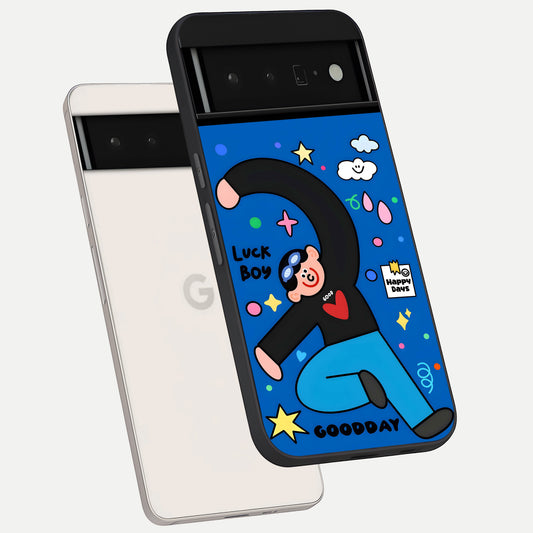  Happy Luck Vibe phone case For Google Pixel 6 Pro showing premium glass back cover with detailed artwork