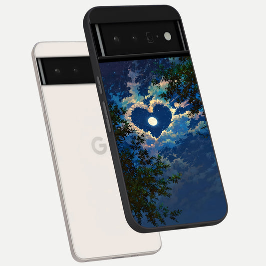  Heart With Moon Sky phone case For Google Pixel 6 Pro showing premium glass back cover with detailed artwork