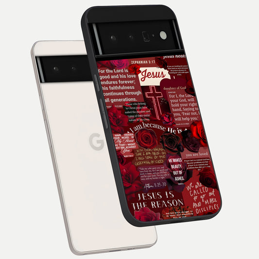  Jesus Love Heals phone case For Google Pixel 6 Pro showing premium glass back cover with detailed artwork