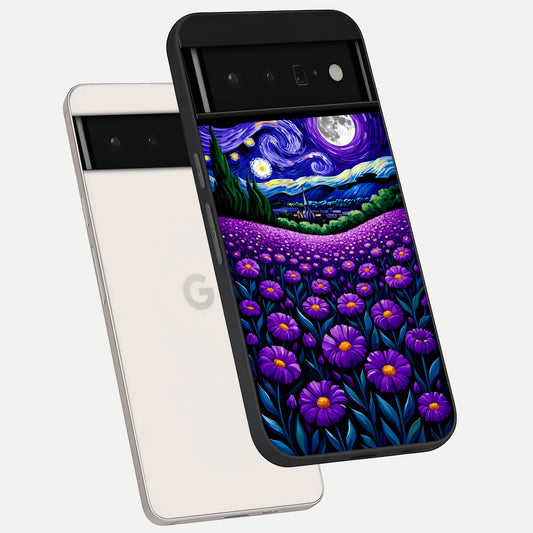  Lavender Moon Field phone case For Google Pixel 6 Pro showing premium glass back cover with detailed artwork