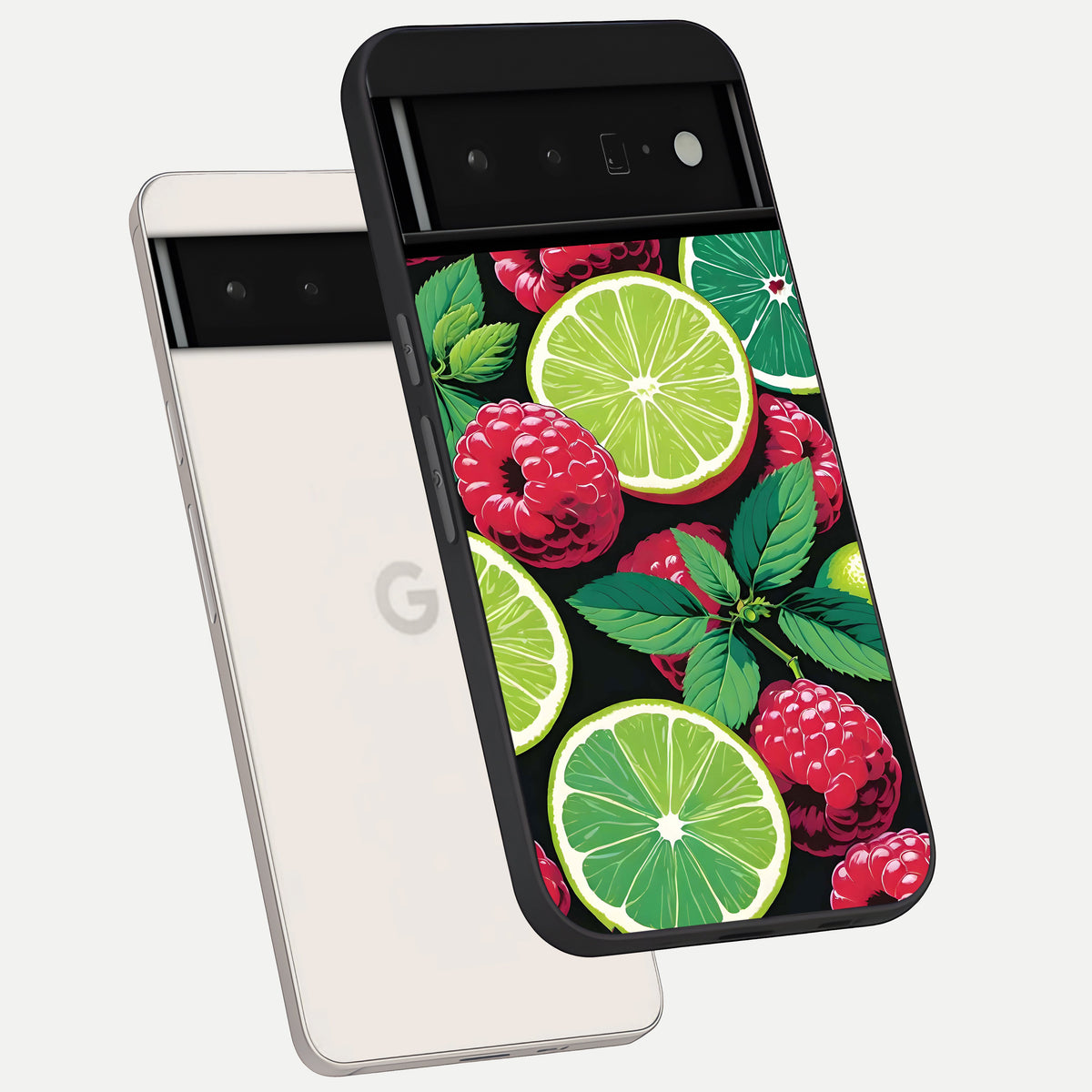  Lime and Raspberry Pattern phone case For Google Pixel 6 Pro showing premium glass back cover with detailed artwork