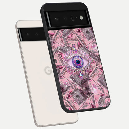  Money Eye Luxe phone case For Google Pixel 6 Pro showing premium glass back cover with detailed artwork