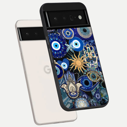  Mystic Blue Evil Eye phone case For Google Pixel 6 Pro showing premium glass back cover with detailed artwork