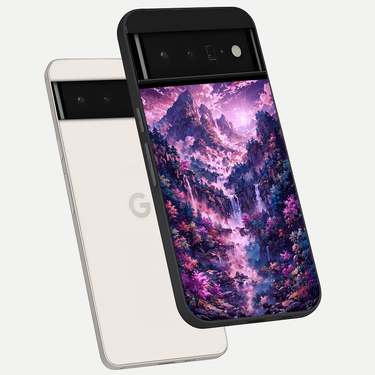  Mystic Cascade Peaks phone case For Google Pixel 6 Pro showing premium glass back cover with detailed artwork