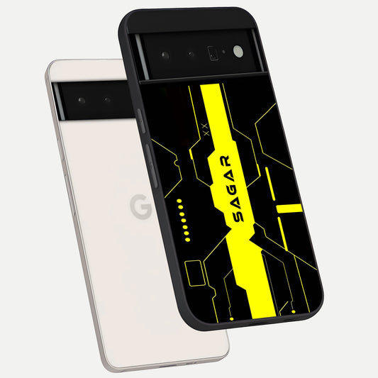  Neon CYBERPUNK Custom Name phone case For Google Pixel 6 Pro showing premium glass back cover with detailed artwork